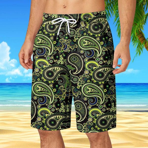 Shorts masculinos homens nadar boho vintage placa de impressão étnica duplo bolso bandagem cintura elástica calças joelho troncos havaianos