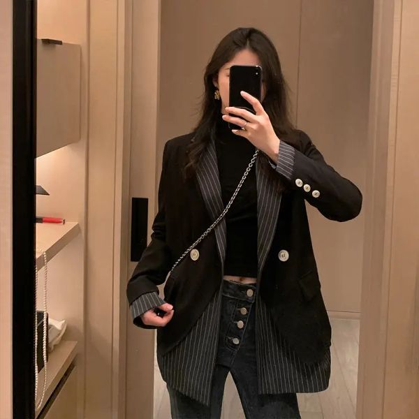 Blazers Frauen Patchwork Blazer gestreifter Anzug Jacke Büro Frauen koreanische Mode Slim Fit Billig Großhandel Luxus DoubleBreastted Knöpfe