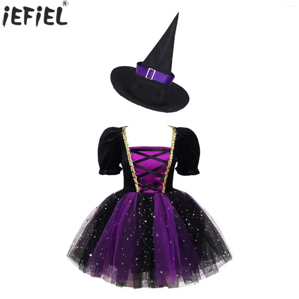 Vestidos da menina crianças meninas halloween bruxa cosplay vestido gótico fantasma traje malha brilhante tutu chapéu purim carnaval festa roleplay