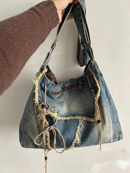 Sacos da noite 2024 lavado denim jeans casual tote saco mulheres ombro macio estudante grande capacidade vintage compras bolsas femininas