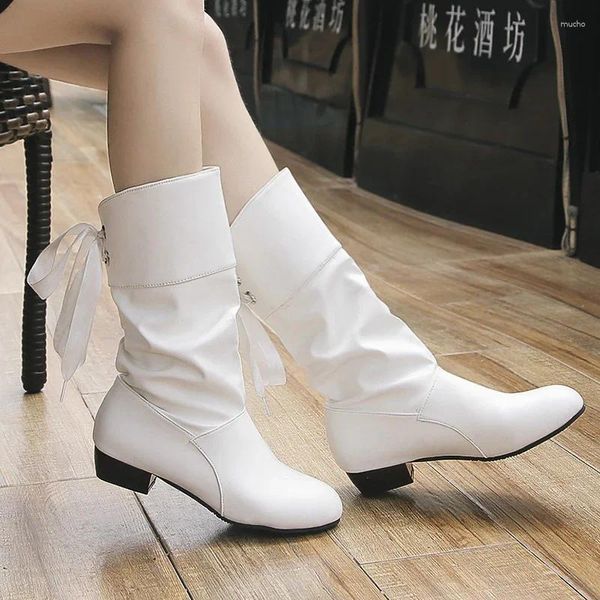 Botas plus size 35-43 mulheres meio bezerro de volta rendas até saltos baixos sapatos de inverno preto botines branco botas mujer feminino bota de neve vermelho