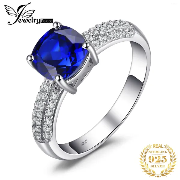 Anéis de cluster JewelryPalace Almofada 2.2ct Criado Azul Safira 925 Anel de Prata Esterlina para Mulheres Declaração de Moda Gemstone Noivado