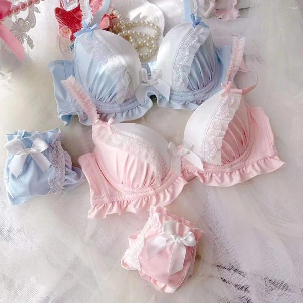 Bras setleri Japon Kore tatlı lolita kızlar saf mavi beyaz seksi dantel sütyen külot seti kawaii yay artı boyut 32 34 36 38 40 a b c d e fincan