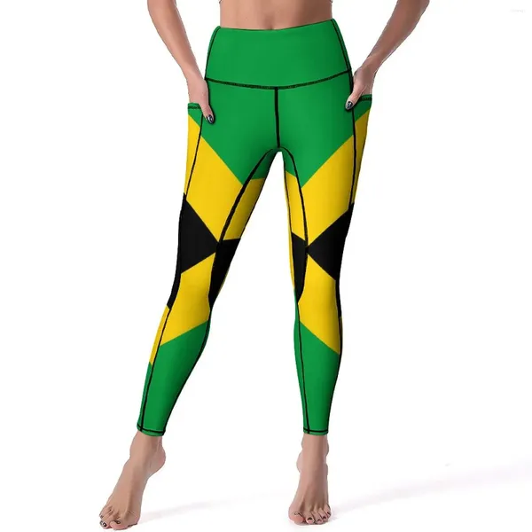 Aktive Hose, patriotische Jamaika-Flagge, Leggings, Taschen, grün, gelb, Muster, Yoga, hohe Taille, Workout-Leggings, dehnbar, Sport