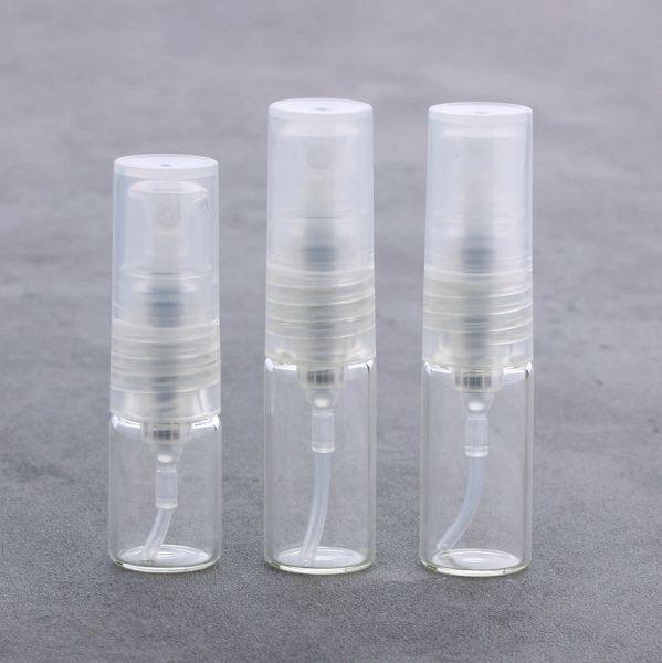 Garrafa 100 pçs/lote 1ml 2ml mini garrafa de spray de vidro transparente vazio perfume atomizador garrafas de amostra bomba de plástico recarregável frascos de viagem