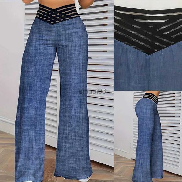 Jeans da donna 2024 Pantaloni svasati a gamba larga da donna Autunno Casual Incrociato in mesh trasparente Pantaloni a vita alta Y2k Streetwear Pantaloni da lavoro eleganti