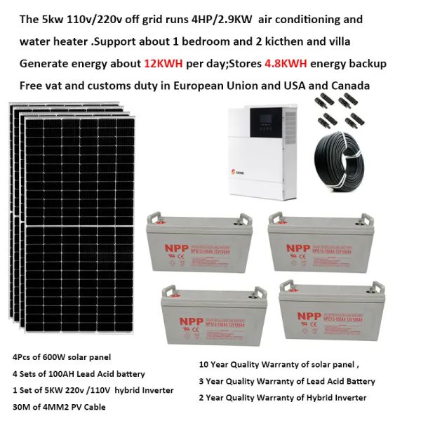 Solar-Solarpanel-Kit komplett mit Batterie, 5000 W, 220 V, 110 V, Solarpanel, 600 W USV, Hybrid-Wechselrichter, netzunabhängiges System, 4 PS, Bauernhof, Auto, Wohnwagen