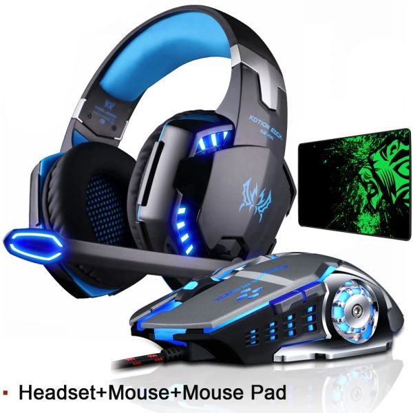 Kopfhörer/Headset JEDES G2000 Gaming-Headset Deep Bass Stereo Game-Kopfhörer mit Mikrofon-LED-Licht für PC Laptop PS4 + Gaming-Maus + Mäusepad