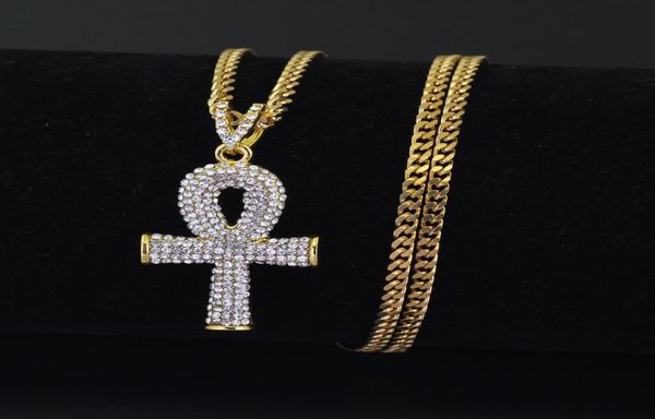 Gold Ankh Halskette Ägyptischer Schmuck Hip Hop Anhänger Bling Strass Kristall Schlüssel zum Leben Ägypten Silber Halskette Kubanische Kette8876073