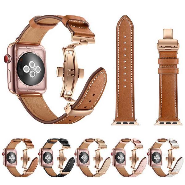 Designer rosa ouro borboleta fecho cinta cinto pulseira de couro genuíno para apple iwatch série 1 2 3 4 5 6 7 8 se acessórios de substituição 38mm 40mm 42mm 44mm 45mm pulseira de relógio ca