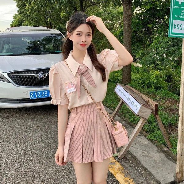 Vestidos de trabalho doce faculdade bolha manga camisa plissada saia de duas peças conjunto mulheres moda arco listrado menina picante coreano magro verão bonito terno