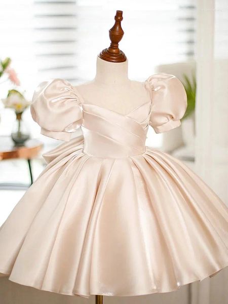 Mädchenkleider Einfaches Blumenkleid für die Hochzeit Satin Kurzarm mit großer Schleife Abend Kindergeburtstag Party Erstkommunion Ballkleid