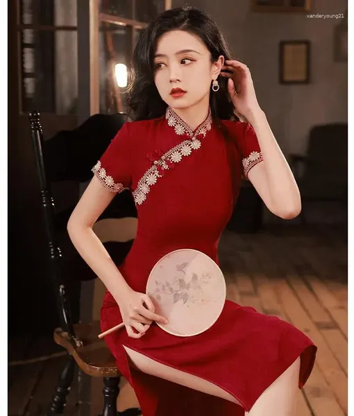Abbigliamento etnico Stile vintage Cheongsam di pizzo Abito cinese Donna Tradizionale manica corta Qipao Abito da festa formale Abiti
