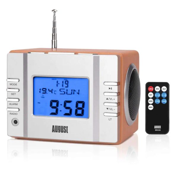 Lettori August MB300 Mini ricevitore radio portatile in legno con lettore MP3 Radio FM Ingresso USB/Aux IN/Scheda SD/Altoparlanti sveglia Ricaricabili