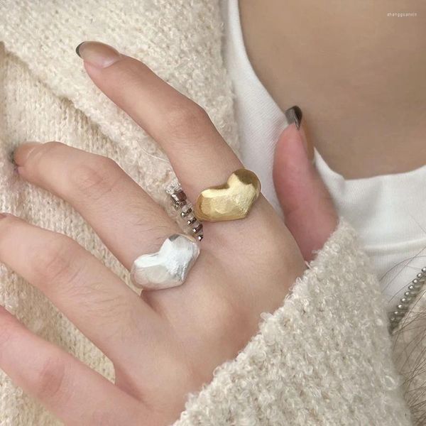 Anéis de cluster Shanice S925 Sterling Silver escovado amor coração anel para mulheres design legal aberto ajustável jóias finas acessórios