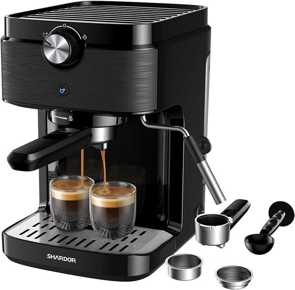 Shardor Espresso Makinesi 15 Bar Hızlı Isıtma Expresso Kahve Makineleri Süt Çılgınlığı/Ev İçin Buhar Değişi, Manuel Latte Cappuccino Maker, 1300W, Siyah