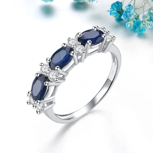 Küme Yüzükleri HT2024 Katı 925 Sterling Gümüş Doğal Mavi Safir 6 4mm Erkek veya Kadın Klasik için