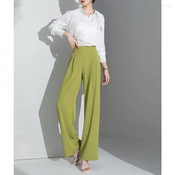 Damenhosen 2024 Frauen Mode Hohe Taille Breites Bein Dünne Chiffon Casual Plus Größe Grün Lose Abnehmen Hosen Für Sommer S bis 4XL