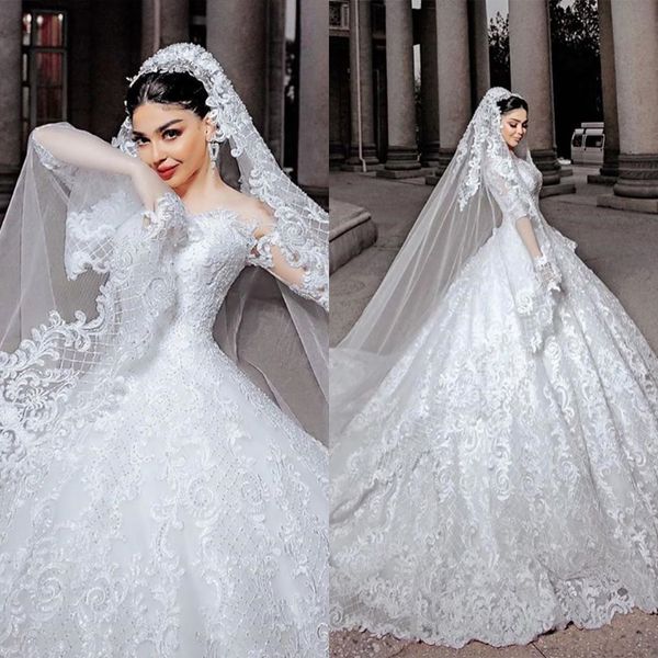 Abiti da sposa glamour con abito da ballo con velo di applicazioni in pizzo con spalle scoperte Abito da sposa a maniche lunghe Sweep Train Abiti da sposa Taglia personalizzata