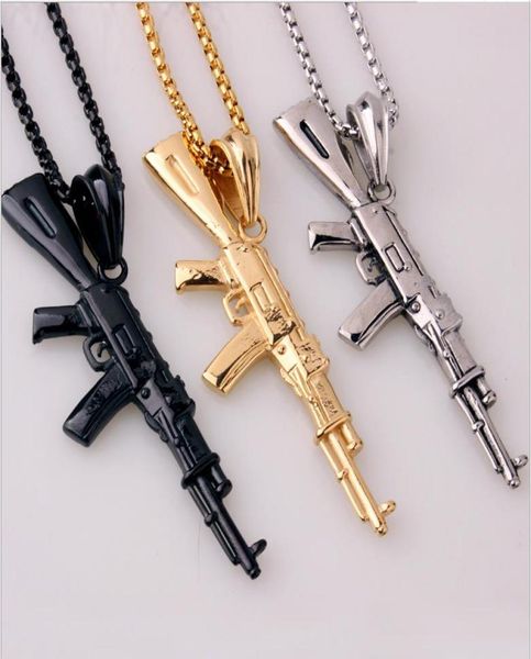 2018 neue Mode Cool AK47 Sturmgewehr Anhänger Halskette Europäischen Hip Hop Schmuck EdelstahlGoldSchwarz Gewehr Überzogene Kette for5127346