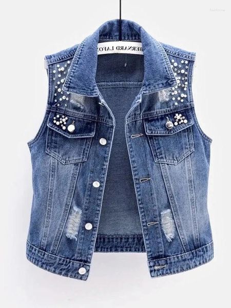 Damenwesten 2024 Mode Denim Frauen Perlen Zerrissene Herbst Jeansjacke Ärmellos Lose Kurzmantel Kausal Westen 5XL