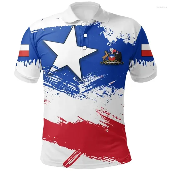 Polos masculinos chile bandeira polo camisa verão impressão 3d camisetas casuais soltas manga curta topos esportes lapela camisetas de grandes dimensões