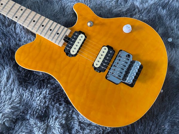 Chitarra elettrica cinese con top in acero fiammato, colore giallo rosso blu, sistema tremolo a 6 corde