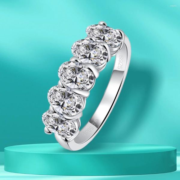 Anéis de cluster 5 pedra oval corte moissanite para mulheres noivado casamento banda gra certificado 925 prata esterlina meia eternidade anel jóias