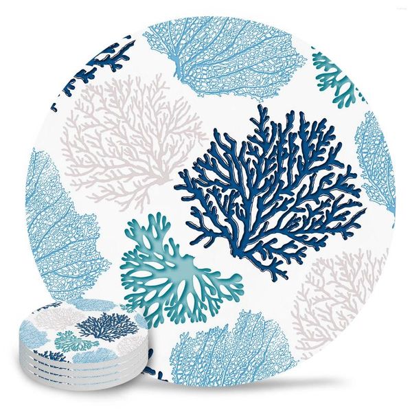 Tischsets, blaue Meereskoralle, rund, für Kaffee, Küchenzubehör, saugfähige Keramikuntersetzer