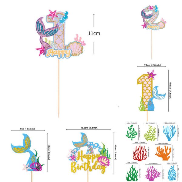 Новый блестящий топпер для торта с хвостом для детей 1-9 лет, украшение для первого дня рождения, сделай сам, для девочек, декор «Русалка под морем»