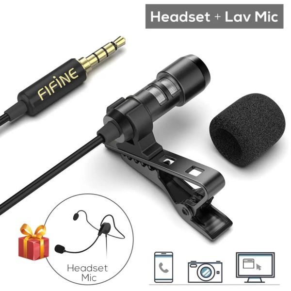 Mikrofonlar Cep telefonu için Fifine Lavalier yaka mikrofonu DSLR kamera, vloging video/ röportaj/ podcast için harici kulaklık mikrofonu