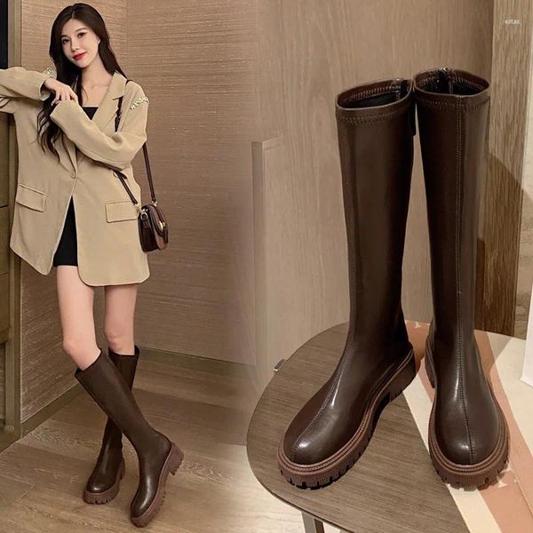 Botas 2024 plataforma marrom longo para mulheres outono inverno sola grossa joelho alto cavaleiro feminino cor sólida zip sapatos