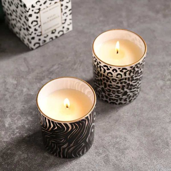 Velas ins leopardo estampado frasco de vidro vela perfumada óleos essenciais cera de soja vela aromaterapia decoração para casa aniversário presente de natal