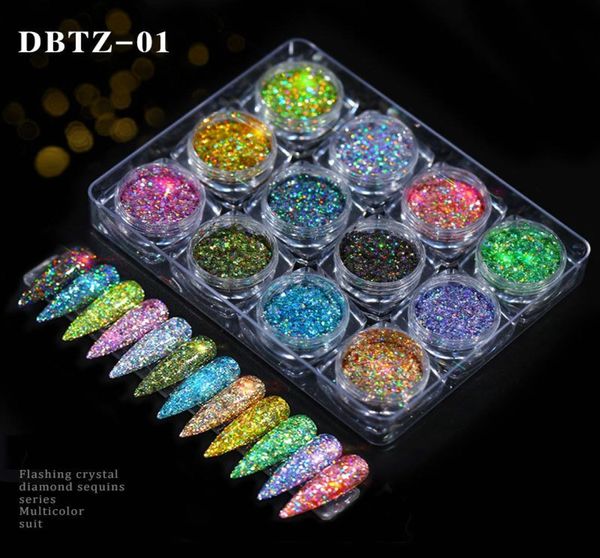 12 colori set Polveri glitter per unghie Lampeggiante cristallo Diamante Paillettes Serie Abito multicolore Fine shinning Pacchetto misto Estate 8162775