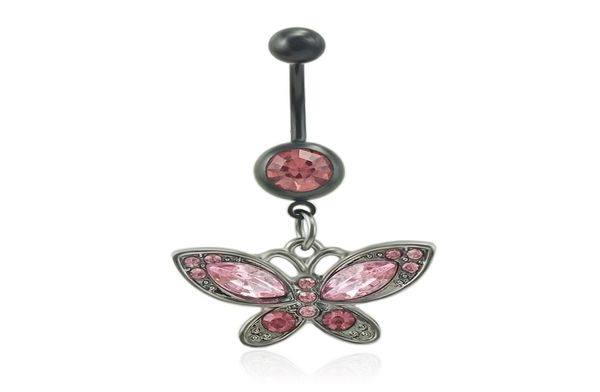 Anelli per ombelico moda Strass rosa Farfalla nera Acciaio inossidabile 316L Gioielli sexy per piercing all'ombelico8996865