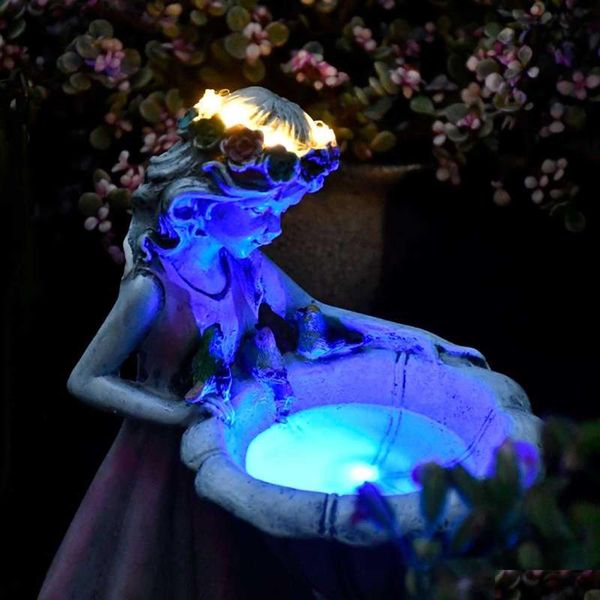 Decorazioni da giardino Fata dei fiori Decorazione solare Statua da giardino in resina Luce che si illumina al buio Cortile Scultura all'aperto Figura di angelo Goccia Del Dhadu