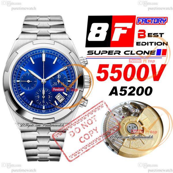 8F Overseas 5500V A5200 Cronógrafo Automático Relógio Masculino 42,5mm Azul Dial Stick Pulseira de Aço Inoxidável Relógios Super Edition Puretimewatch Reloj Hombre