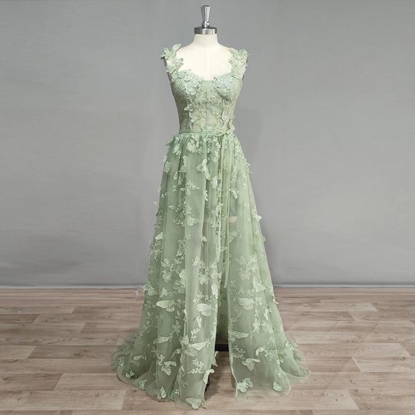 Dideyttawl real pos 3d borboletas sálvia verde tule vestido de baile 2024 querida uma linha alta fenda vestido de noite de fadas 240227