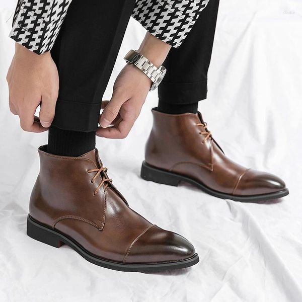 Ботинки, зимняя модная обувь с острым носком, черные, коричневые, на шнуровке до щиколотки, трендовая мужская повседневная роскошная обувь с высоким берцем, Zapatos Hombre Vestir