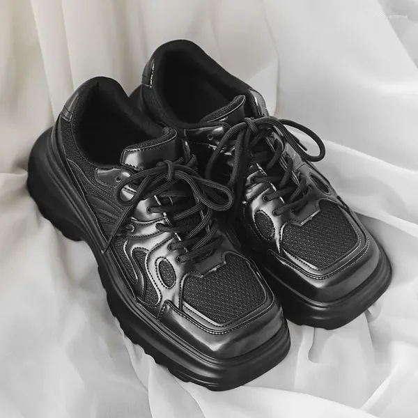 Повседневная обувь, мужские японские карадзюку, корейский стиль, модная уличная одежда, черные кожаные мужские кроссовки на толстой платформе на шнуровке