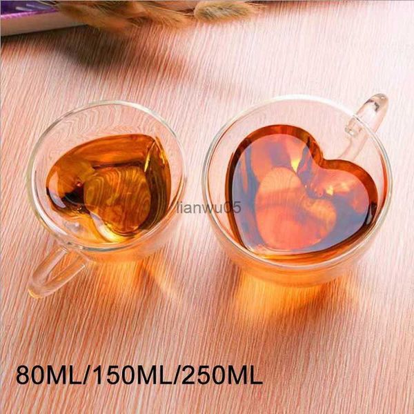 Tazze Tazza in vetro a forma di cuore Amore Coppia tazze Bicchieri da vino a doppia parete resistenti al calore Tazze da tè Latte Tazza da caffè espresso BicchieriL2402