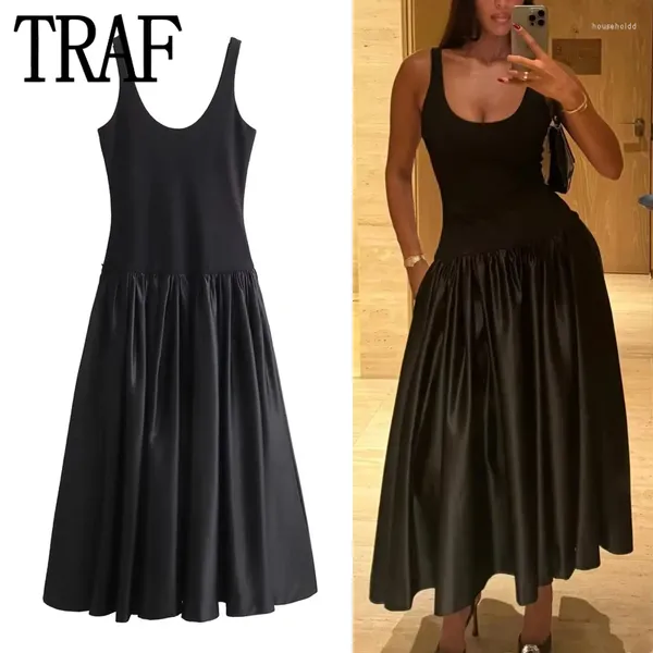 Lässige Kleider ONKOGENE 2024 Schwarz Slip Langes Kleid Frauen Patchwork Ärmellose Satin Frau Geraffte Frauen Sexy Party