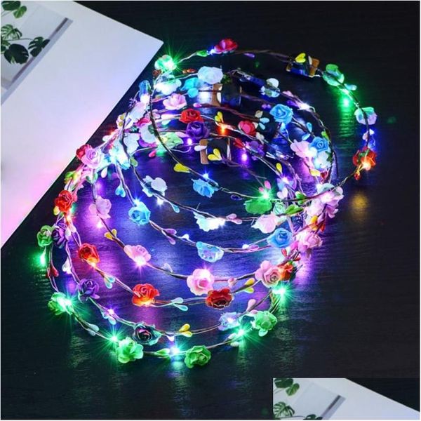 Acessórios de cabelo 20 Pcs / Colorf Festa de Natal Brilhante Grinalda Halloween Coroa Flor Headband Mulheres Meninas LED Light Up Cabelo Hairband D Dh1Ai