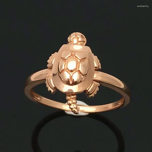 Cluster-Ringe Designer Original 585 Lila Gold Eleganter Charm in goldener Schildkrötenform mit vergoldeter 14-karätiger Rose für Damen