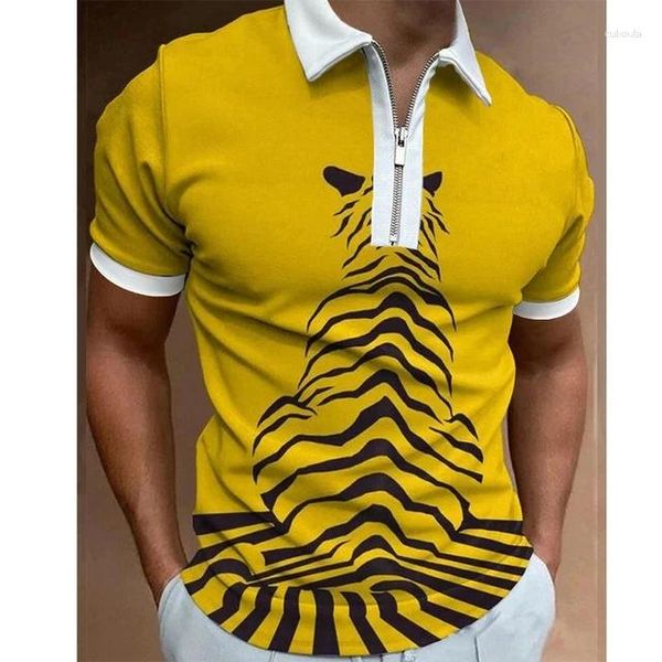 Polo da uomo Tiger Stripe 3D stampato Polo estiva con cerniera Colletto Casual Manica corta Pullover oversize Moda Top Abbigliamento uomo