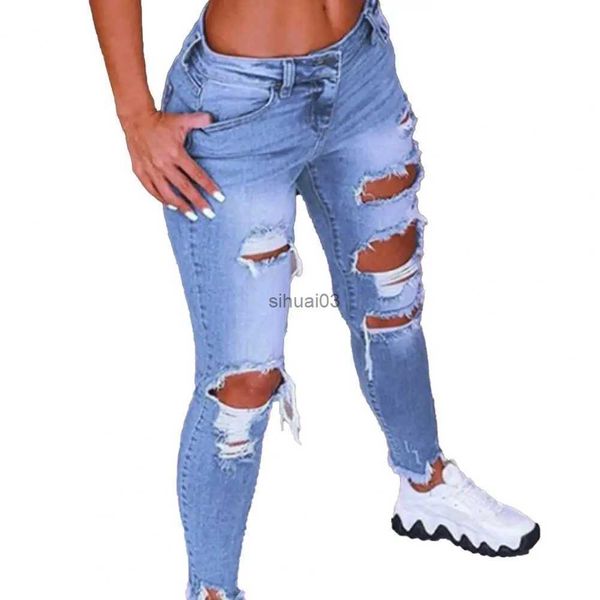 Женские джинсы с рваными дырками Джинсы-карандаши Модные женские джинсы с низкой талией Подтяжка бедер с рваными дырками Узкие джинсовые брюки-карандаш Брюки для работы