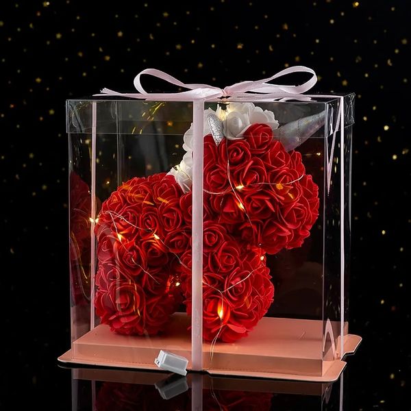 2024 25CM Einhorn Rose Blume Künstliche Weihnachtsgeschenke für Frauen Valentinstag Geschenk Plüsch mit Box mit Licht