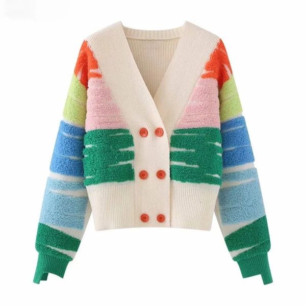 Вязаный свитер в радужную полоску, кардиган, женский двубортный пиджак с v-образным вырезом, пальто, осенне-зимний свободный стильный топ DF4946 240219