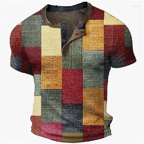 Polos masculinos waffle henry camisa padrão xadrez 3d impressão ao ar livre diário manga curta botão designer de moda básico topo