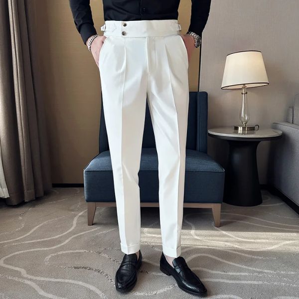 Pantaloni da uomo d'affari in colore puro, pantaloni da abito da sposa, design unico, pantaloni da uomo regolabili in vita, senza cintura, pantaloni slim Homme